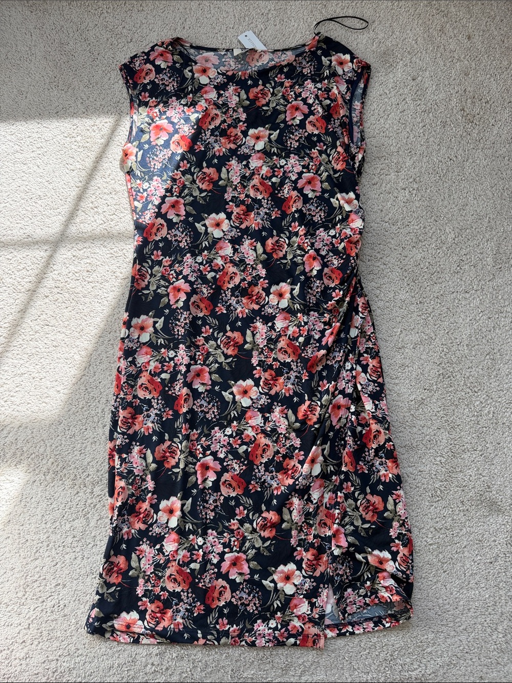Floral Sleeveless Navy Dress with Pink & Coral Blooms